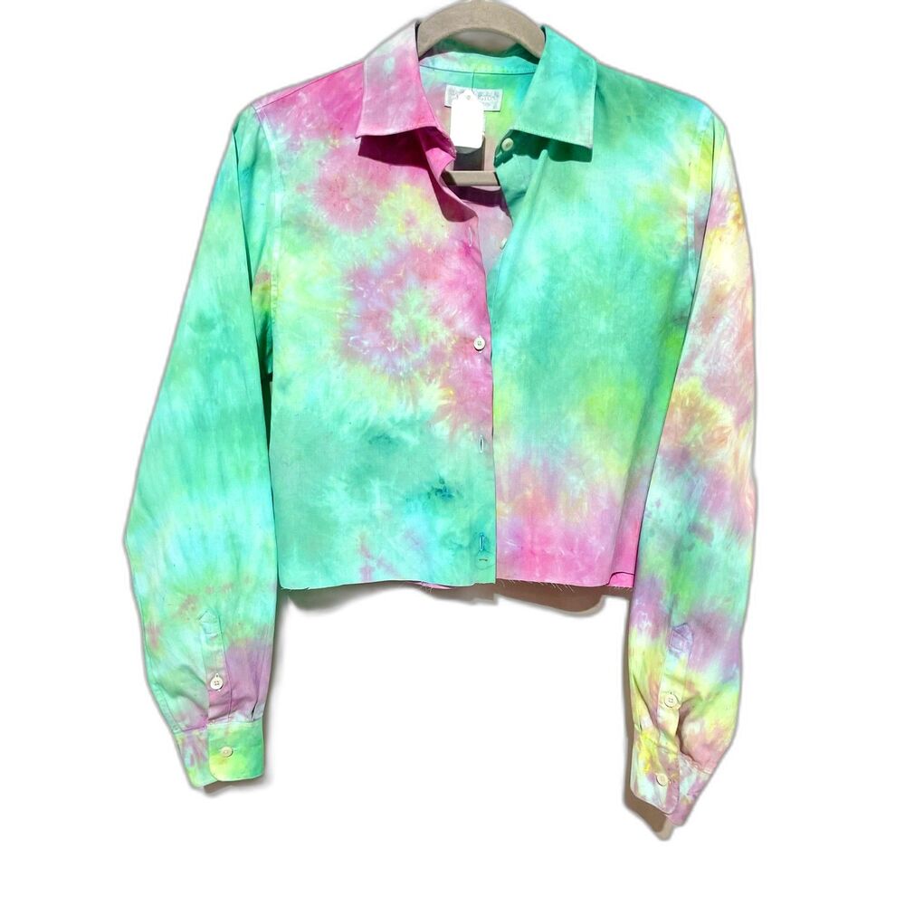 Cropped Pastel Tie Dye Cotton Button Down Long Sleeve Shirt Medium